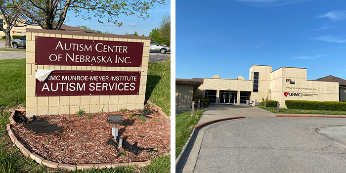 Images of sign and front of Autism Center of Nebraska building